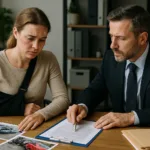 A horizontal, realistic image of a car accident victim consulting with a local auto accident lawyer in a law office.