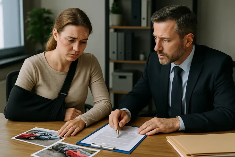 A horizontal, realistic image of a car accident victim consulting with a local auto accident lawyer in a law office.