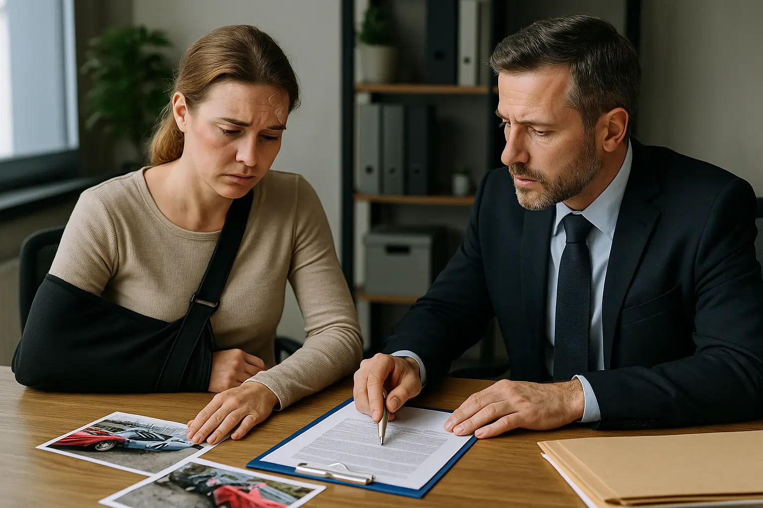 A horizontal, realistic image of a car accident victim consulting with a local auto accident lawyer in a law office.