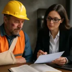 A realistic horizontal image of a construction accident victim consulting with a legal professional about their injury claim.