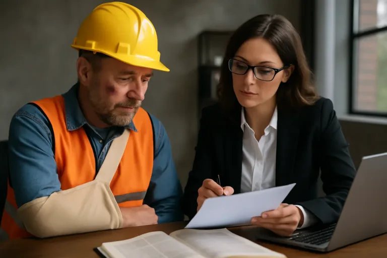 A realistic horizontal image of a construction accident victim consulting with a legal professional about their injury claim.