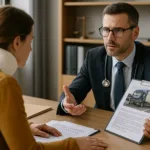 A realistic horizontal image of a truck crash victim meeting with a lawyer to discuss cargo shift accident compensation.
