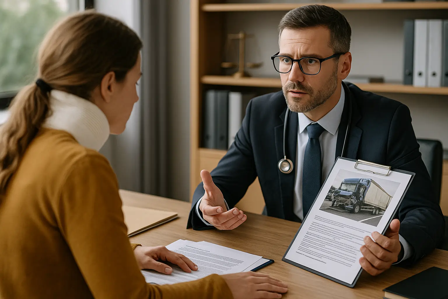 A realistic horizontal image of a truck crash victim meeting with a lawyer to discuss cargo shift accident compensation.