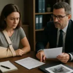 A realistic horizontal image of a truck accident victim consulting with a lawyer about negotiation strategies.