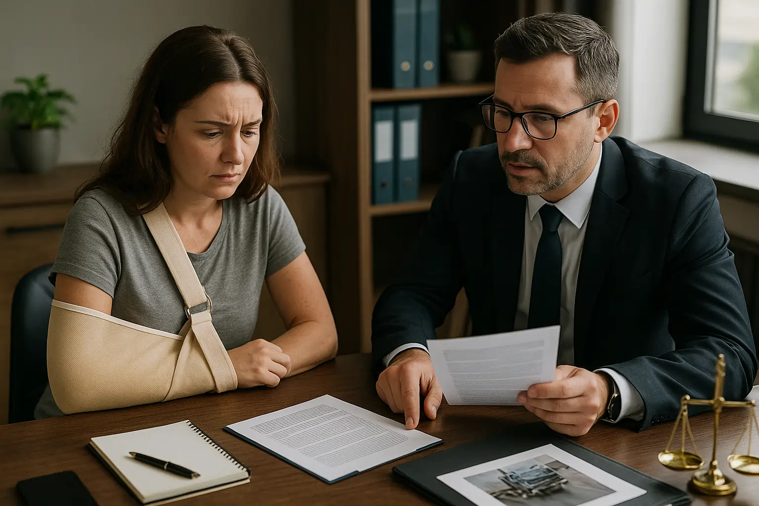 A realistic horizontal image of a truck accident victim consulting with a lawyer about negotiation strategies.