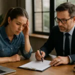 A realistic horizontal image of a rear-end car crash victim meeting with a personal injury attorney.