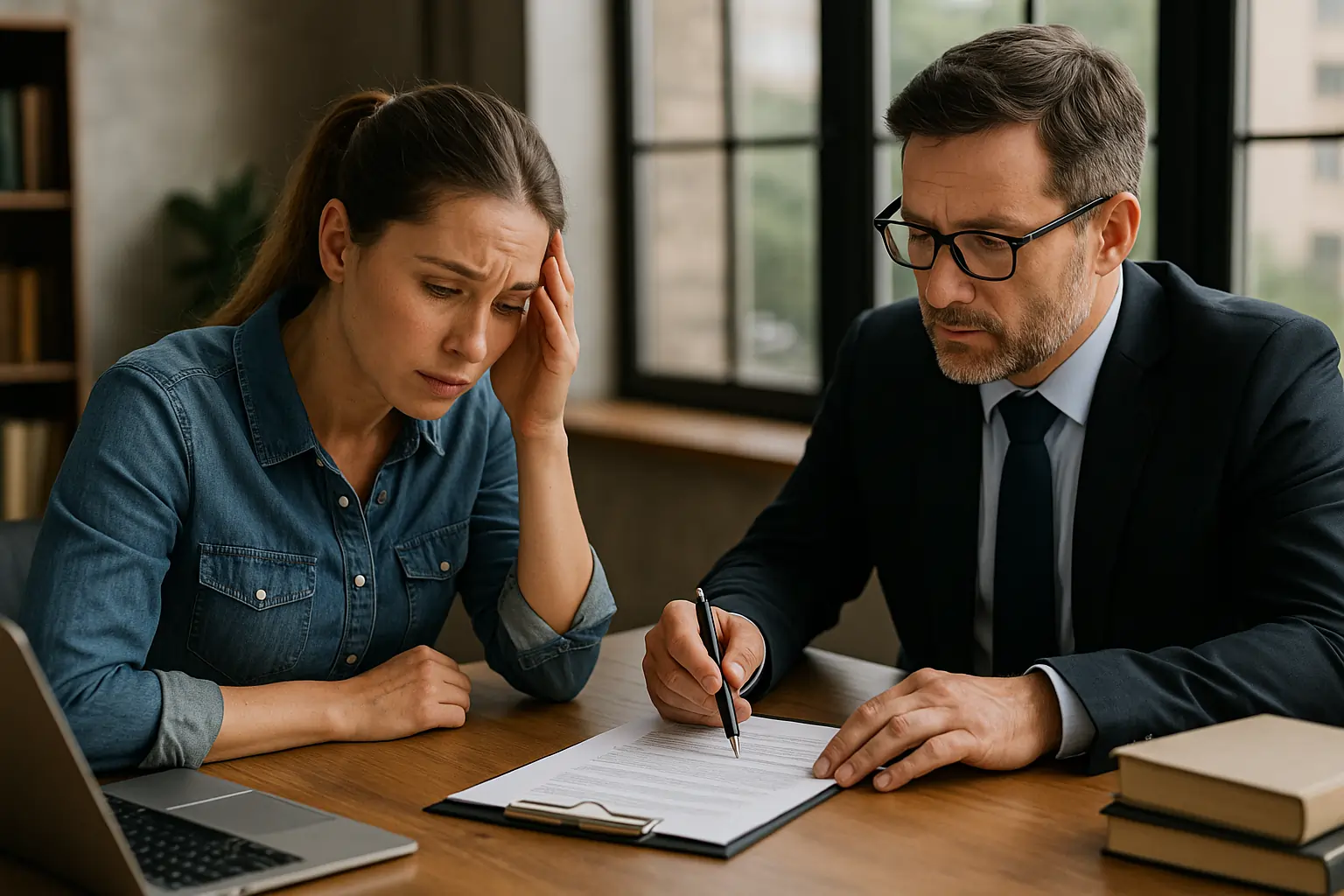 A realistic horizontal image of a rear-end car crash victim meeting with a personal injury attorney.