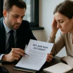 A realistic horizontal image showing a lawyer advising a hit and run accident victim.