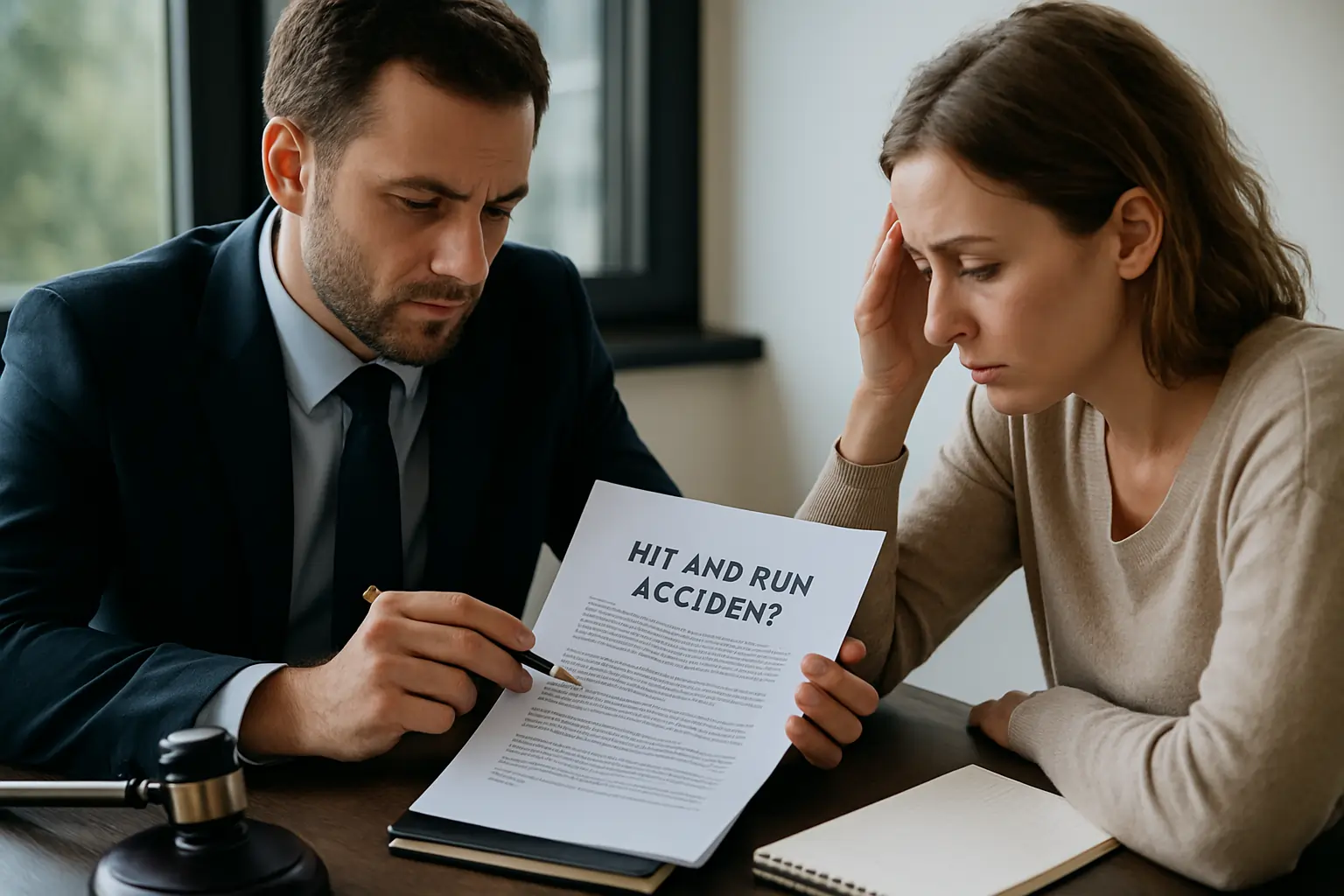 A realistic horizontal image showing a lawyer advising a hit and run accident victim.
