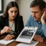 A realistic horizontal photo showing a lawyer discussing car crash evidence with a client.