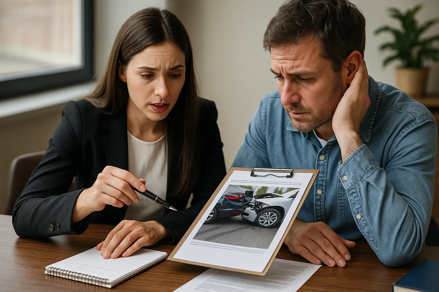 A realistic horizontal photo showing a lawyer discussing car crash evidence with a client.