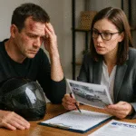 A realistic photo showing a personal injury lawyer advising a motorcyclist after a crash.