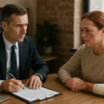 A realistic photo showing a burn injury victim consulting a lawyer for legal guidance.