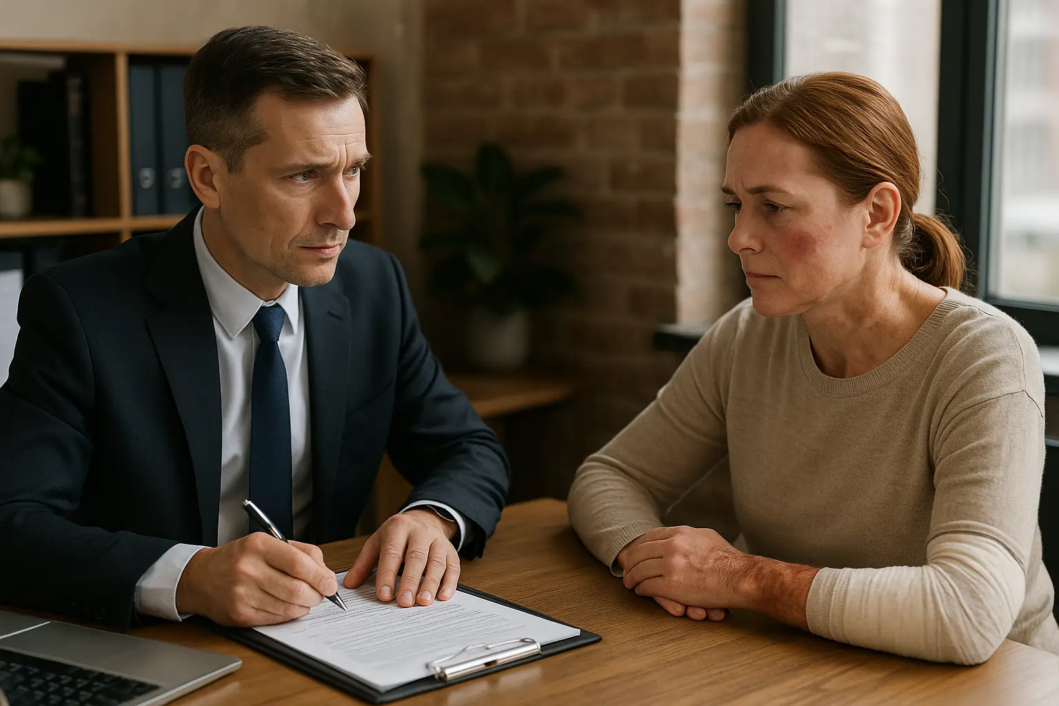 A realistic photo showing a burn injury victim consulting a lawyer for legal guidance.