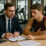 A lawyer and a young athlete discuss legal rights after a sports injury at a gym facility.