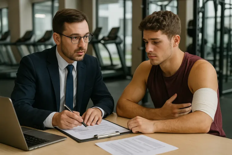 A lawyer and a young athlete discuss legal rights after a sports injury at a gym facility.