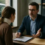 A lawyer discussing legal options with a victim of a truck underride accident in an office.