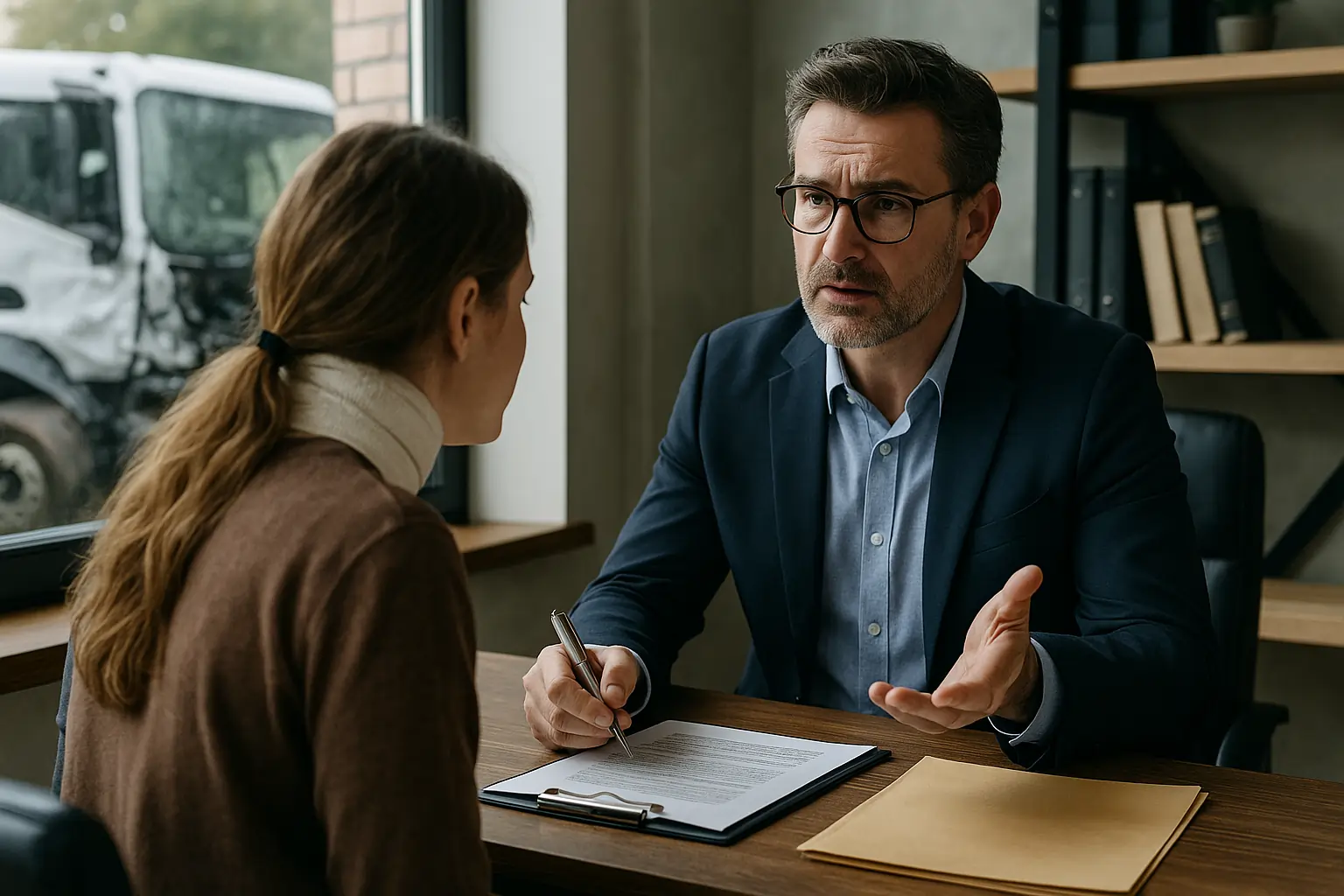 A lawyer discussing legal options with a victim of a truck underride accident in an office.