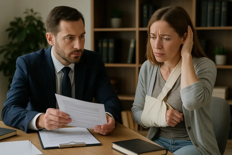 A realistic photo of a slip and fall accident victim consulting with a lawyer about compensation