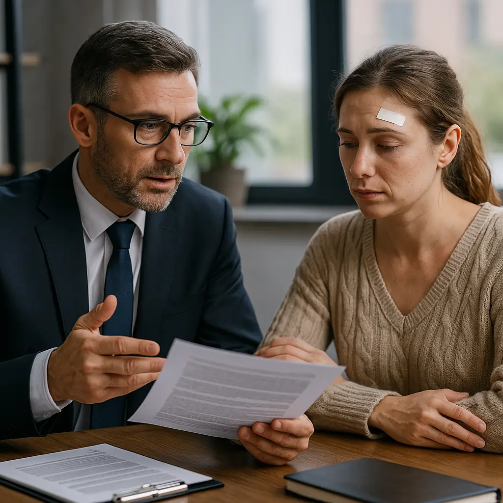 A realistic photo of a lawyer advising a client about premises liability case after a slip and fall accident.