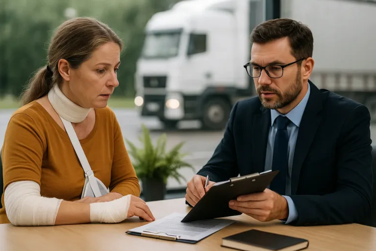 A realistic horizontal image of a truck accident victim meeting with a lawyer to discuss a blind spot collision case.