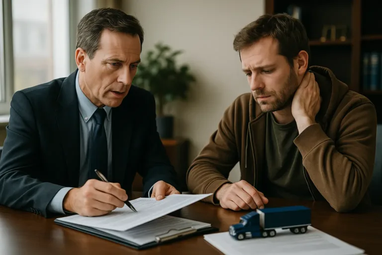 A realistic horizontal photo of a lawyer consulting with a truck accident victim about legal disputes.