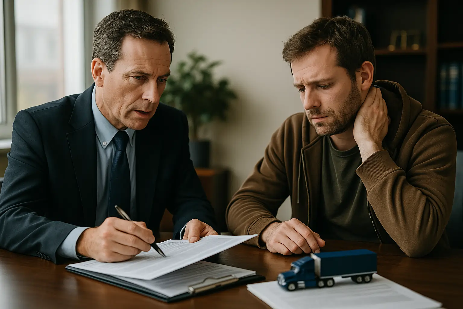 A realistic horizontal photo of a lawyer consulting with a truck accident victim about legal disputes.