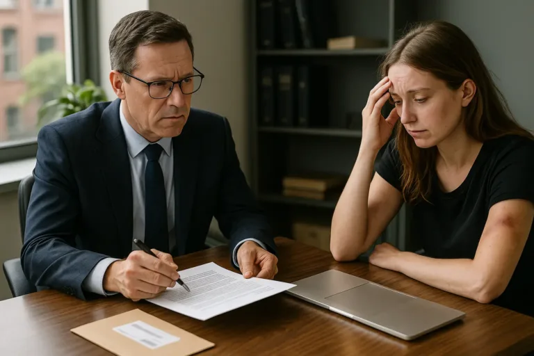 A lawyer consulting with a victim of a run auto accident about legal rights and compensation.