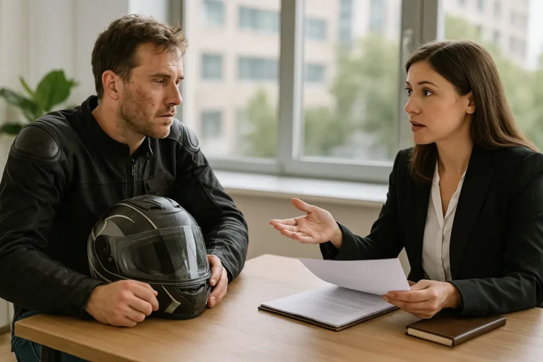 A realistic horizontal image of a motorcyclist meeting with a lawyer after a crash, discussing helmet-related injury claims.