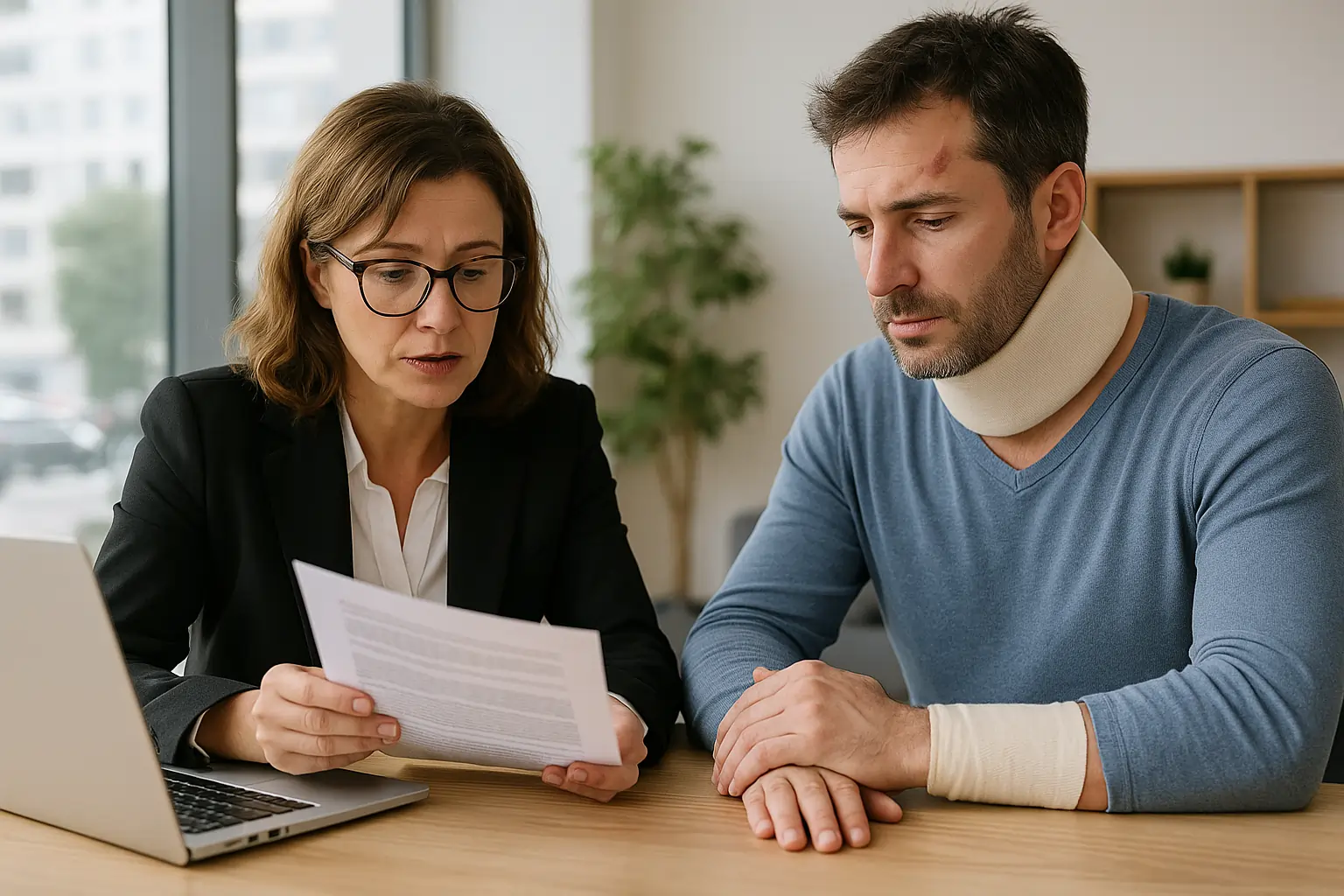 A realistic photo of an accident victim consulting with a lawyer about injury accident cases.