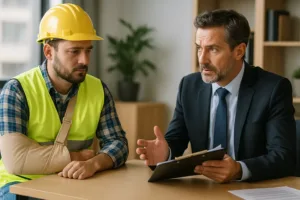 A realistic horizontal photo of a workplace injury victim consulting with a lawyer about legal rights.