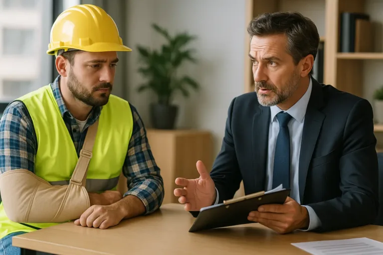A realistic horizontal photo of a workplace injury victim consulting with a lawyer about legal rights.