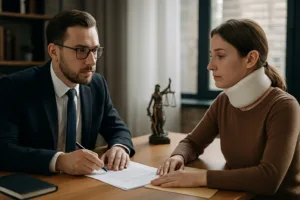 Car accident whiplash settlement consultation in lawyer office