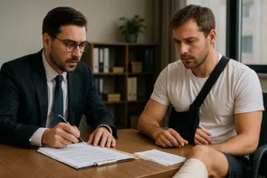 sports accident legal consultation between lawyer and injured athlete