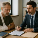A realistic horizontal image of a highway accident victim consulting a lawyer about settlement challenges.