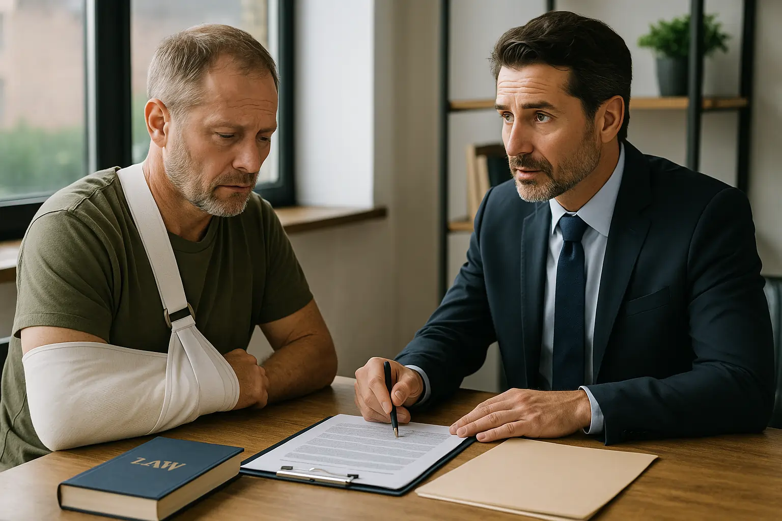 A realistic horizontal image of a highway accident victim consulting a lawyer about settlement challenges.