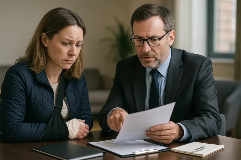 A realistic horizontal photo showing a pedestrian accident victim consulting a lawyer about legal rights.