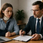 A realistic photo of a car accident victim consulting with a lawyer about medical claim assistance.