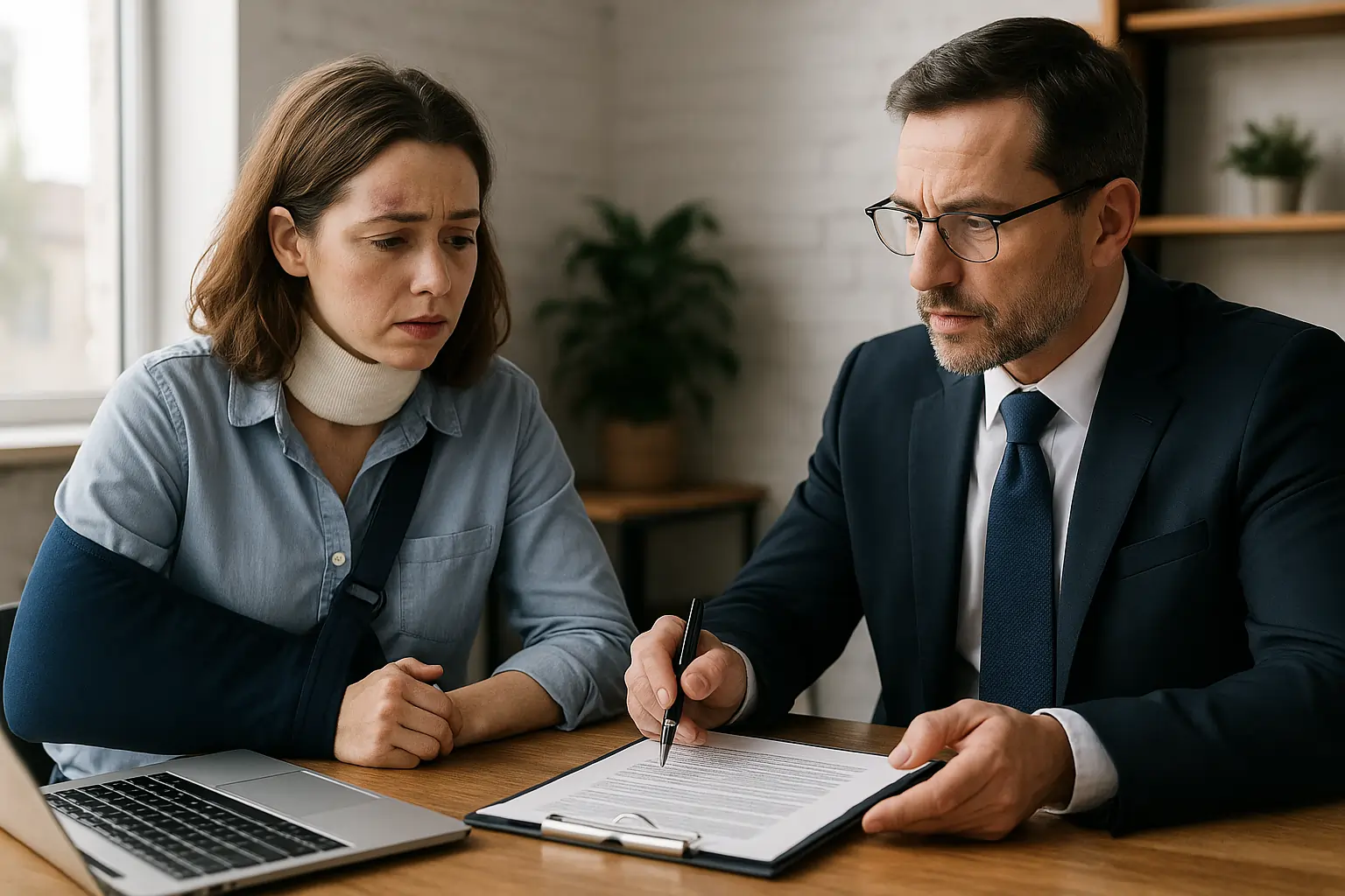 A realistic photo of a car accident victim consulting with a lawyer about medical claim assistance.