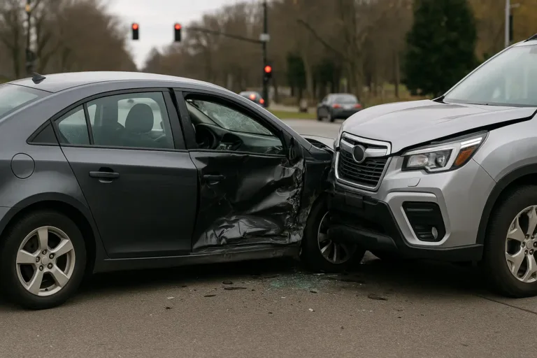 A realistic horizontal image of a lawyer advising a side-impact auto collision victim during a consultation.