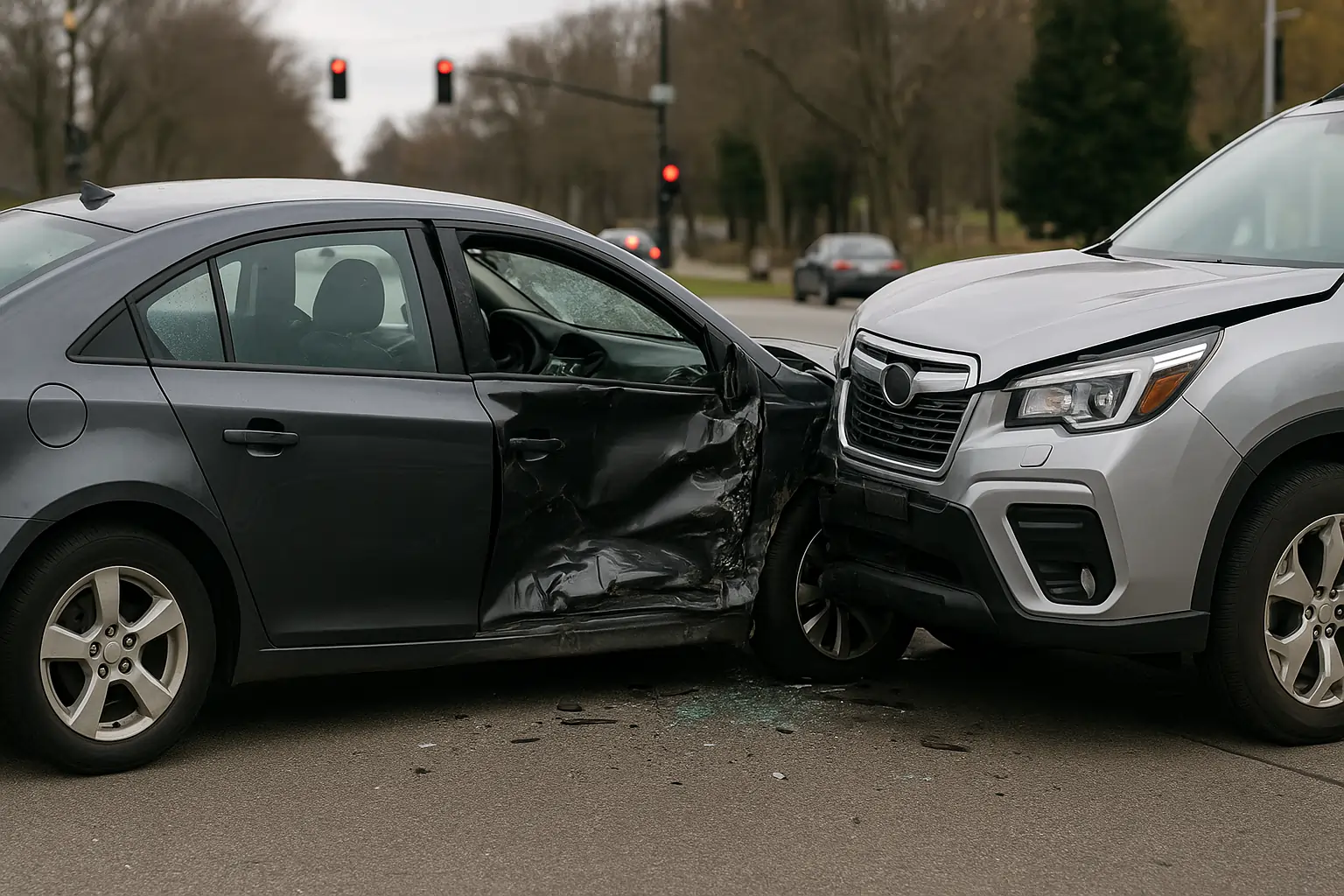 A realistic horizontal image of a lawyer advising a side-impact auto collision victim during a consultation.
