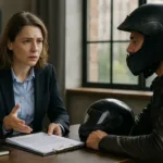 A realistic horizontal photo of a motorcyclist consulting a lawyer after a lane-splitting crash.