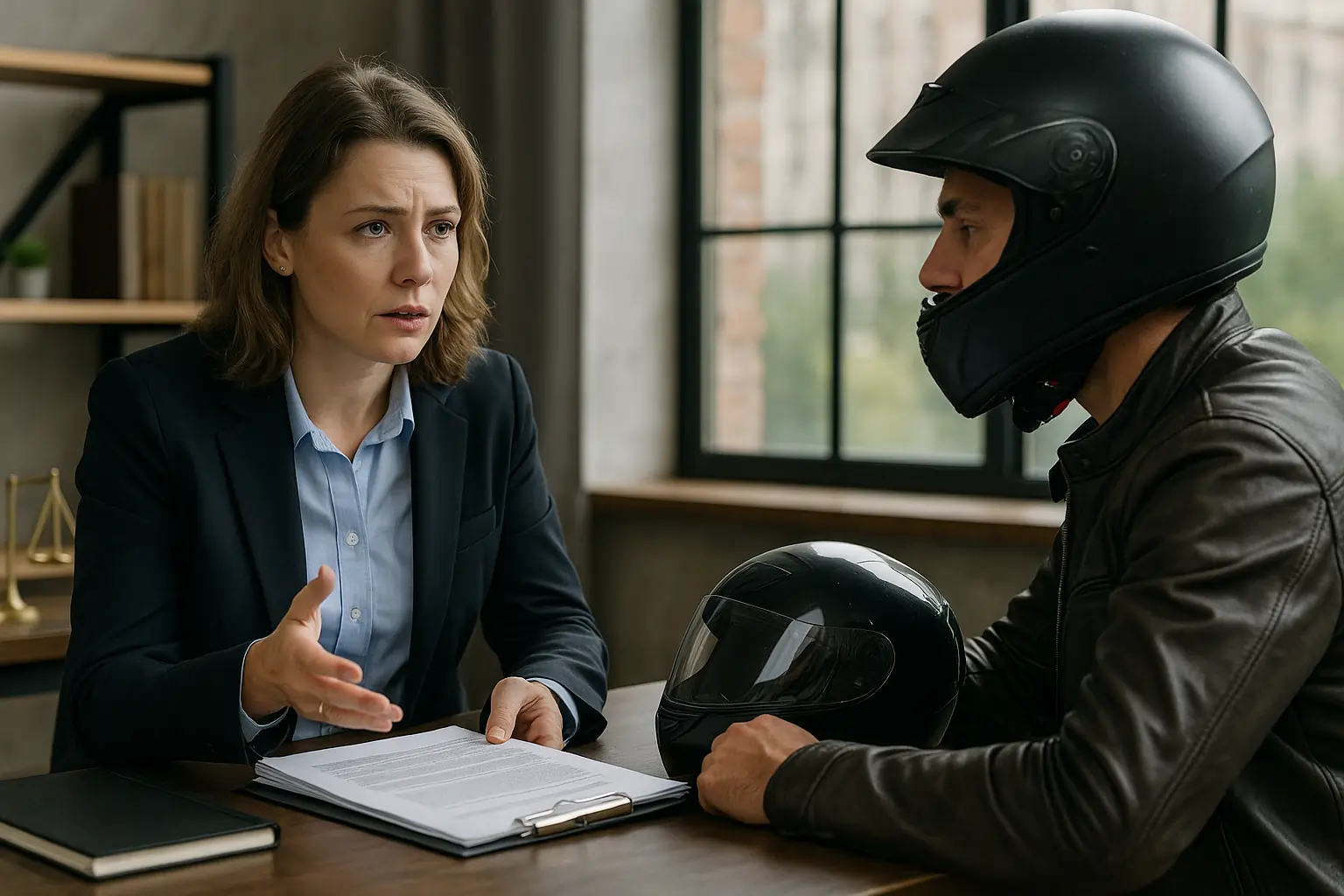 A realistic horizontal photo of a motorcyclist consulting a lawyer after a lane-splitting crash.