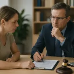 A realistic horizontal image of a dog bite victim consulting a lawyer in an office setting.