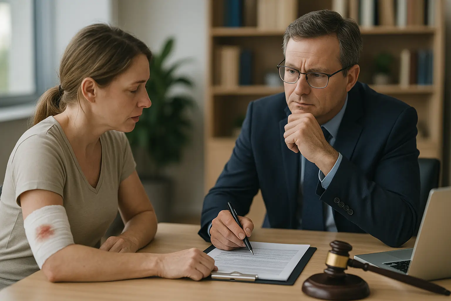 A realistic horizontal image of a dog bite victim consulting a lawyer in an office setting.