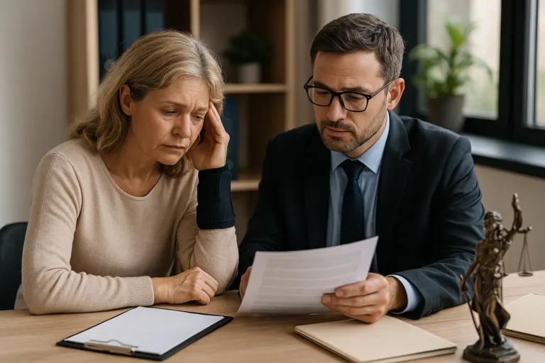 A realistic horizontal image of a slip and fall accident victim consulting a lawyer.