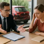 A realistic horizontal image showing a rear-end auto accident victim meeting with a lawyer.