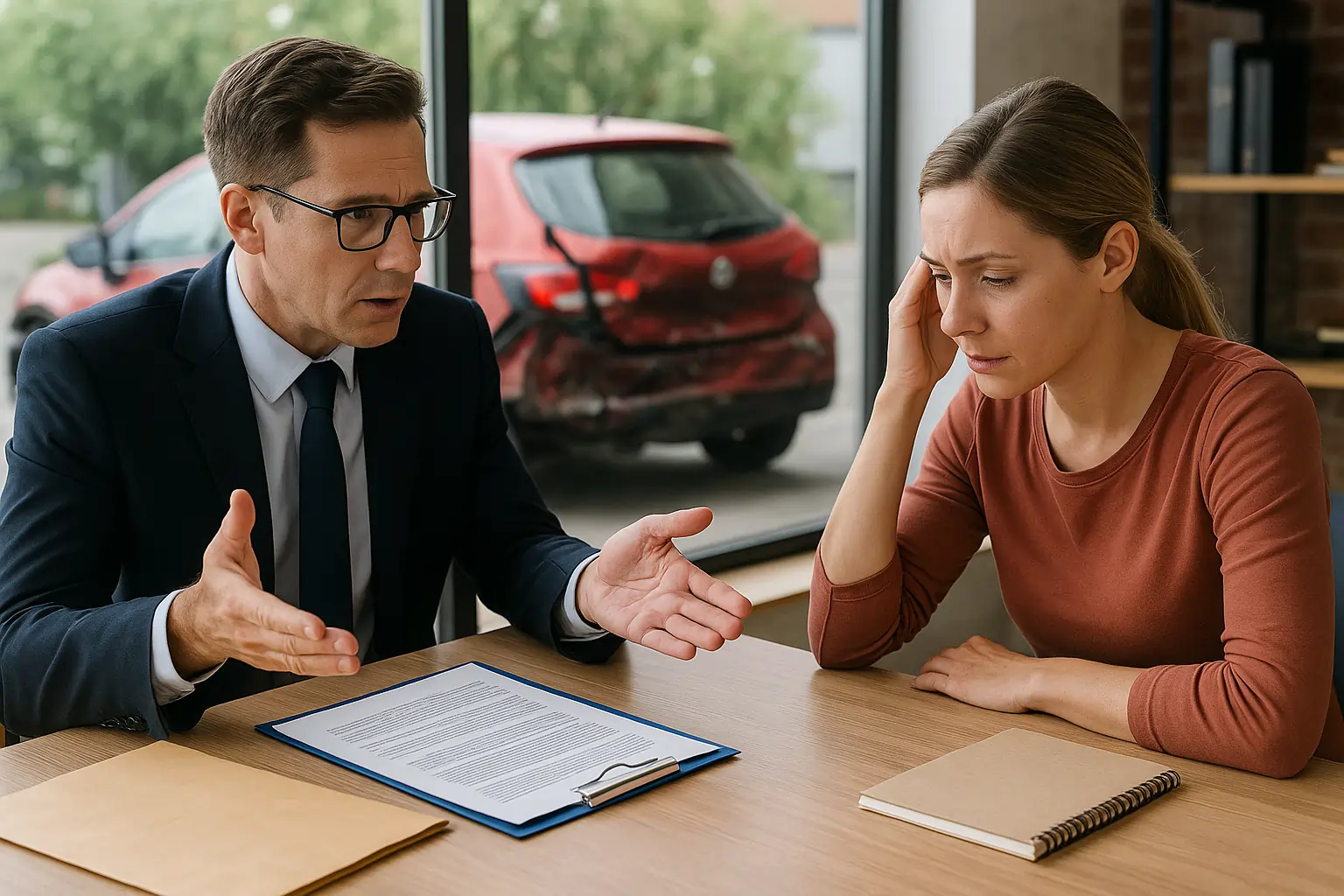A realistic horizontal image showing a rear-end auto accident victim meeting with a lawyer.