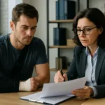 A realistic horizontal photo of a lawyer meeting with a young athlete to discuss a sports injury lawsuit.