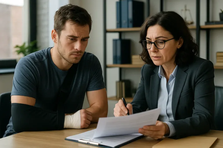 A realistic horizontal photo of a lawyer meeting with a young athlete to discuss a sports injury lawsuit.